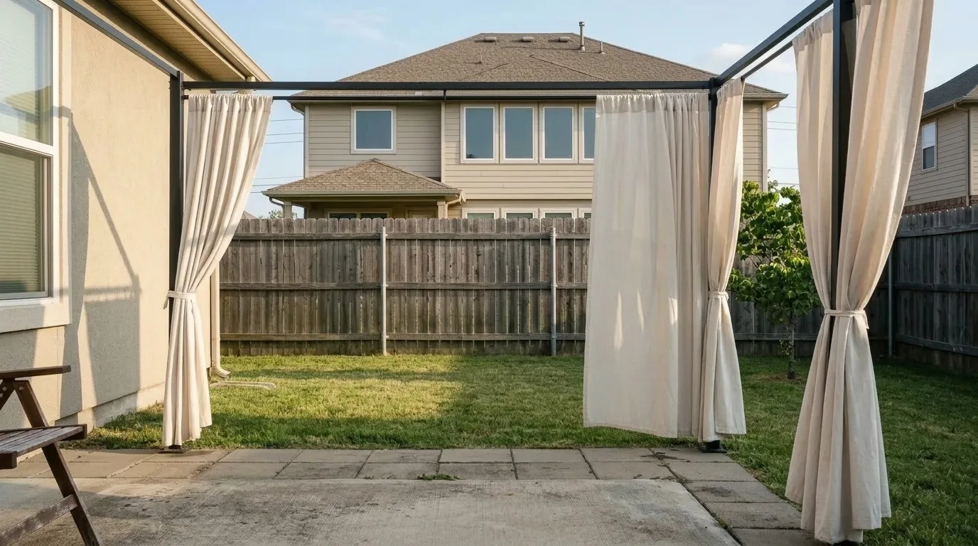 The same back yard with a black powder coated steel frame around the patio and heavyweight off white outdoor curtains drawn partly closed on the side facing the neighbouring house
