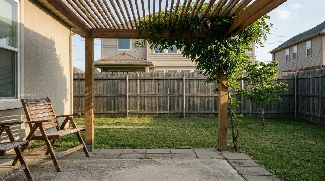 The same back yard with a cedar pergola built over the patio and a mature wisteria trained across the rafters, blocking the downward view from the neighbouring upstairs windows