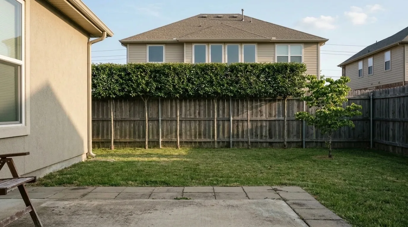 The same back yard with a dense hedge grown along the top of the boundary fence at the height of the neighbouring upstairs windows