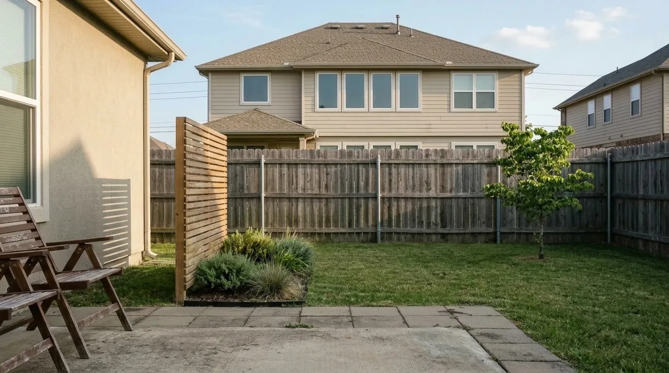 The same back yard with a single freestanding slatted timber screen panel placed beside the patio seating, with the rest of the boundary left open