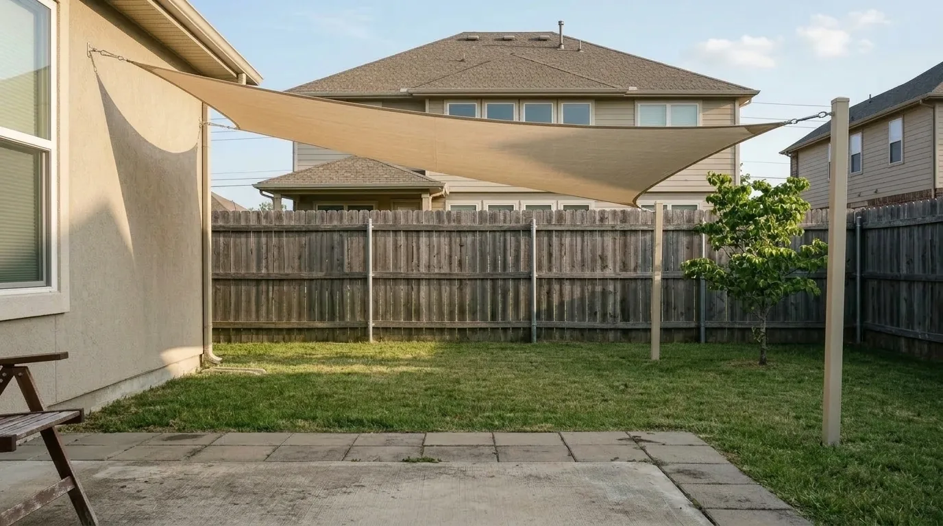 The same back yard with a large triangular sand coloured shade sail tensioned between the house wall and two slim posts, angled over the patio