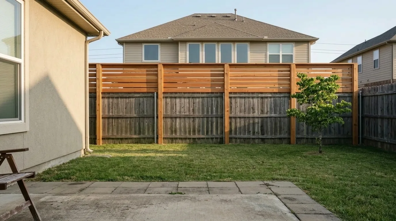 The same back yard with horizontal cedar slat panels fixed as an extension on top of the existing weathered timber fence
