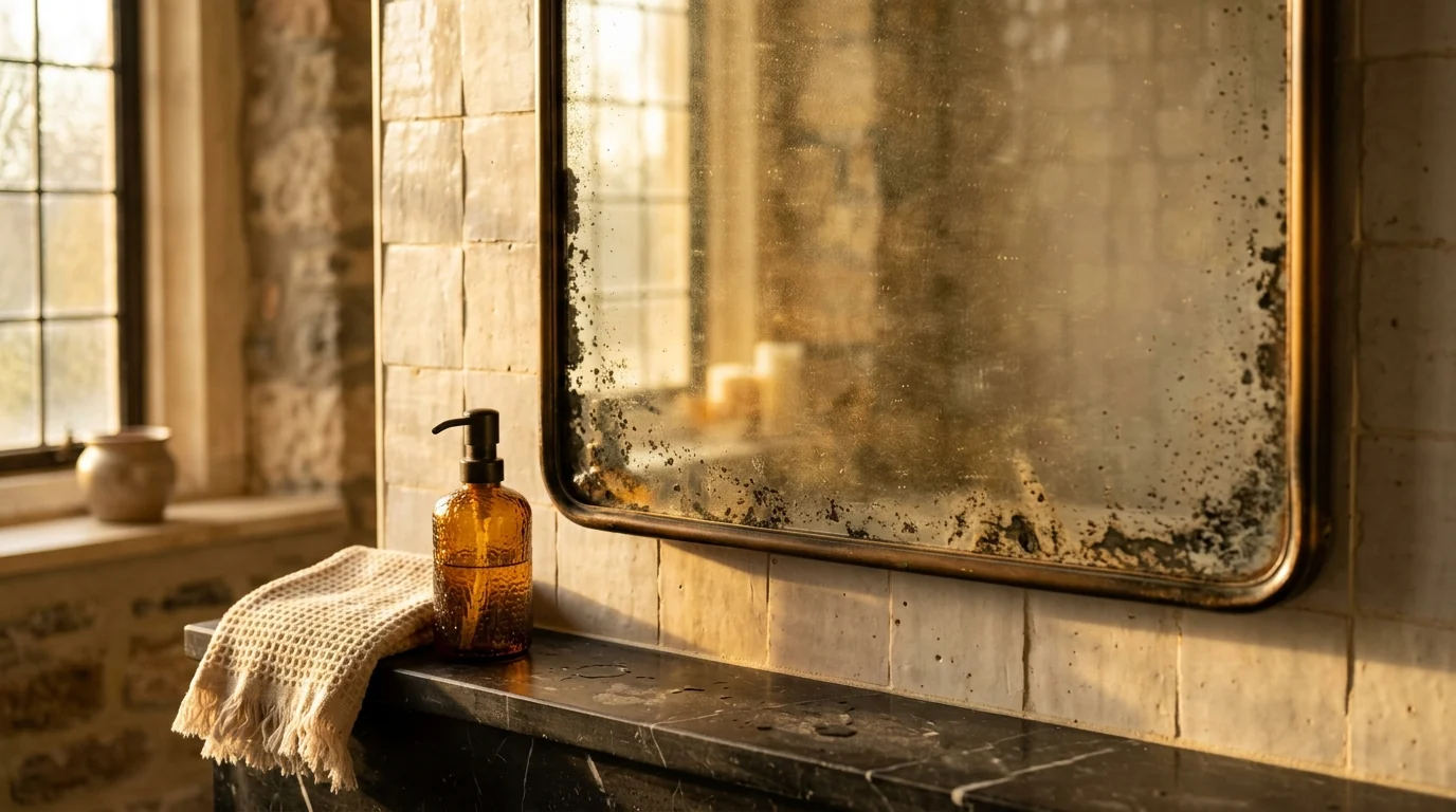 Close detail of a bathroom mirror with heavily antiqued foxed glass in a thin bronze frame above a black marble basin ledge