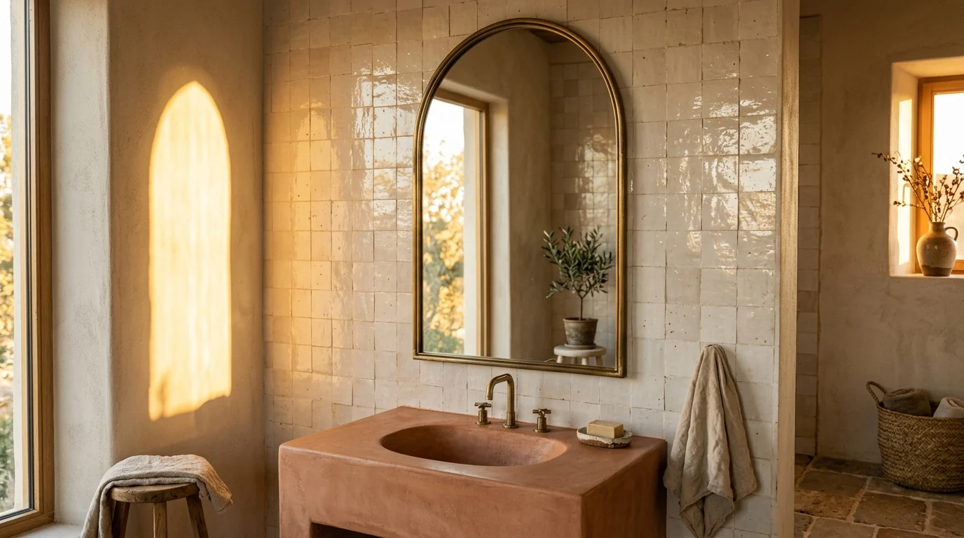 Tall arched mirror in a slim aged brass frame on a wall of warm white zellige tiles above a terracotta plastered vanity