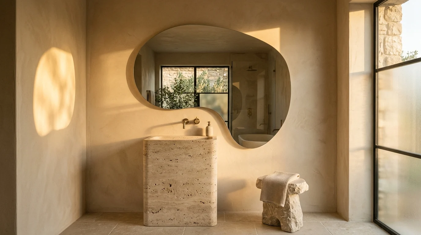 Large irregular organic shaped frameless mirror on a sand toned plaster wall above a chunky travertine pedestal basin