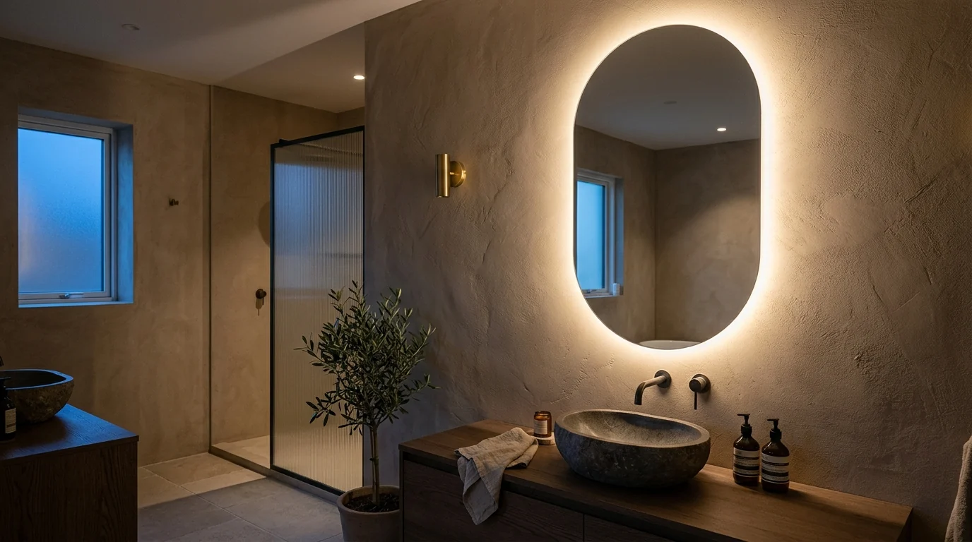 Pill shaped backlit mirror glowing with a warm halo on a clay plaster wall above a dark oak vanity at dusk