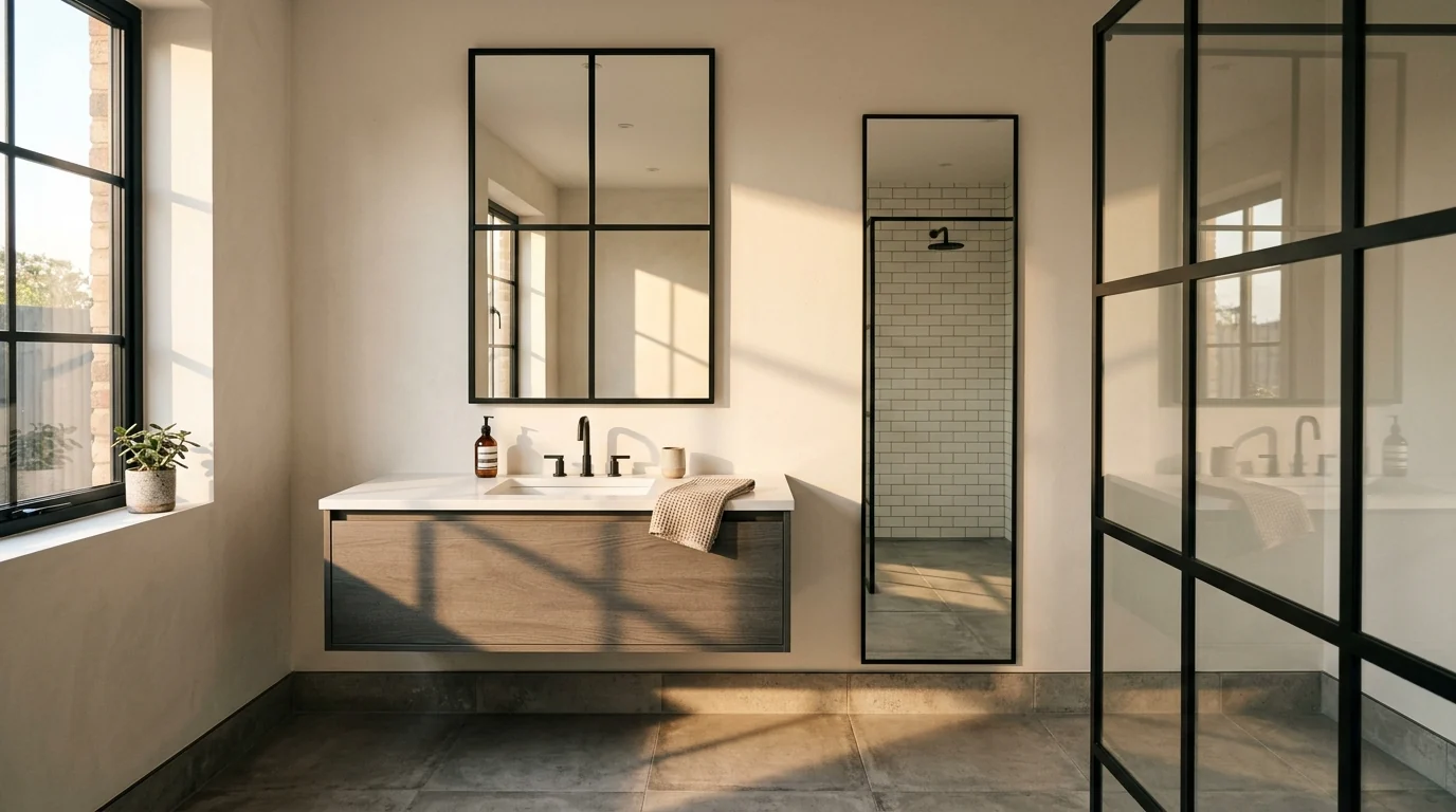 Rectangular mirror in a thin matte black steel frame with grid lines echoing a black framed shower screen in a warm industrial bathroom