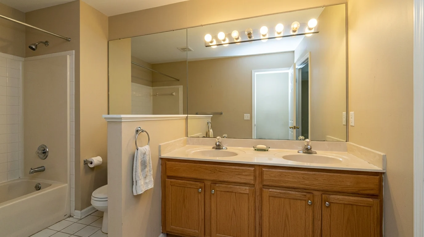 Dated builder grade bathroom with a huge frameless mirror slab over a beige double vanity and a Hollywood strip of eight bare bulbs