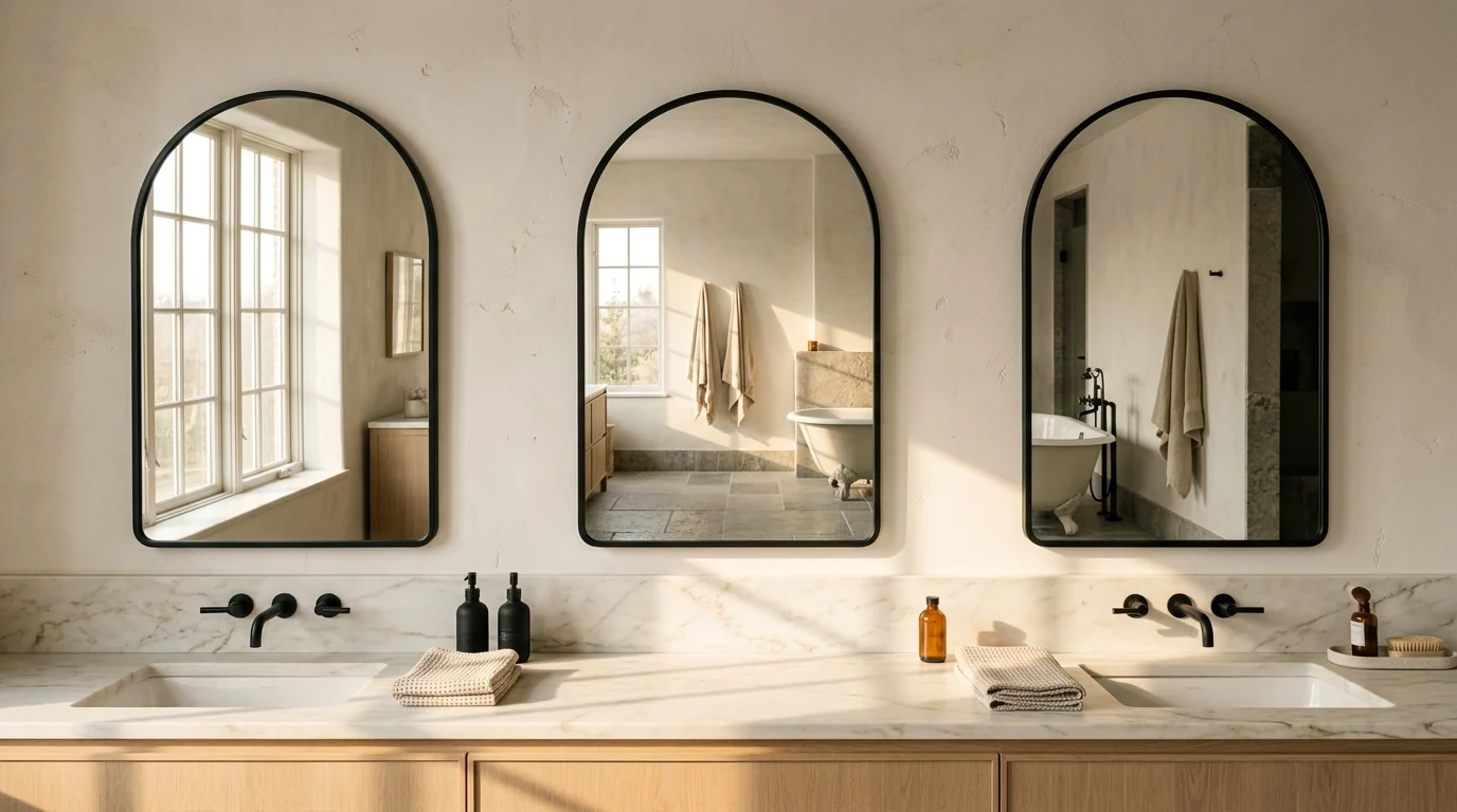 Three identical slim arched mirrors in matte black frames evenly spaced above a long white oak double vanity