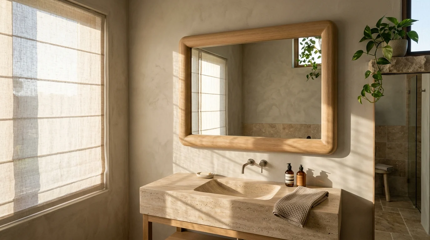 Rectangular mirror in a chunky rounded white oak frame on a limewashed wall above a travertine slab vanity with carved stone basin