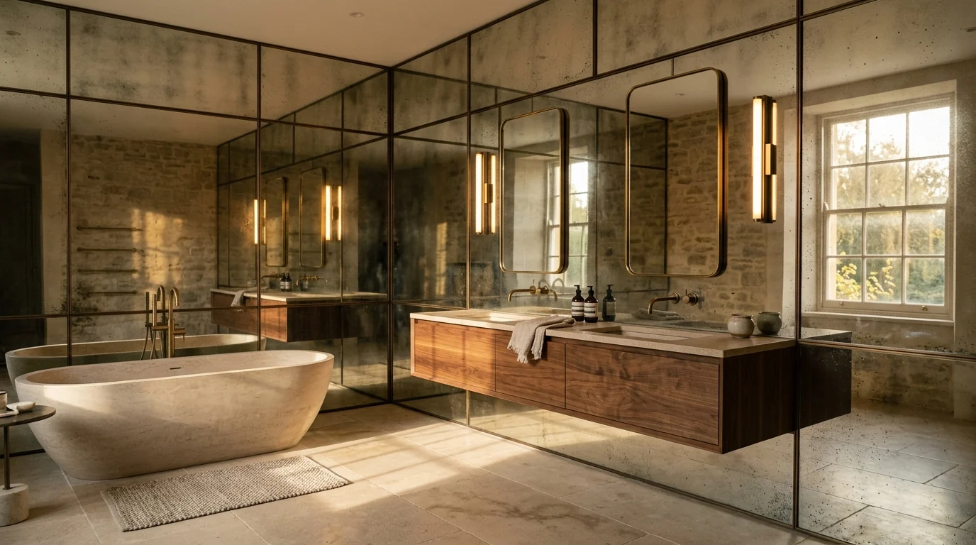 Bathroom wall fully clad in antiqued mirror panels with bronze seams behind a floating walnut double vanity reflecting a stone bathtub