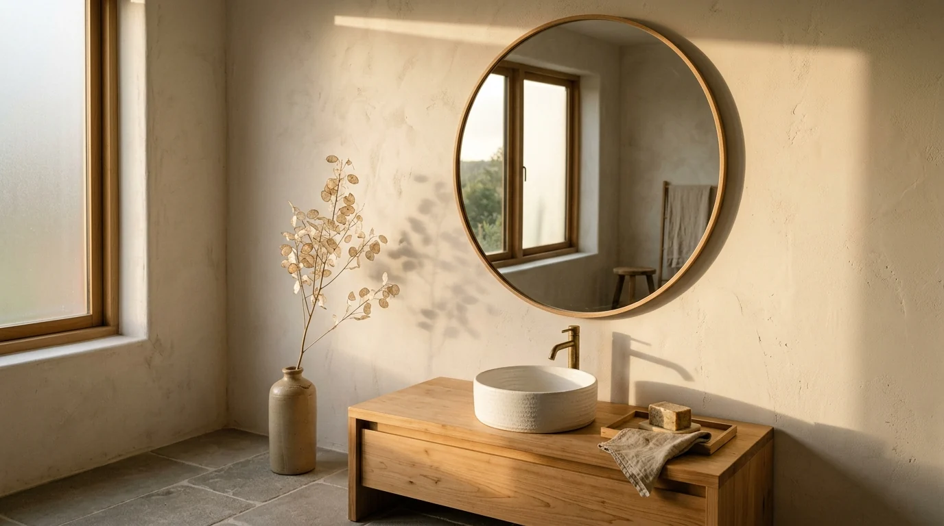 Round mirror in a very thin natural oak frame on a clay plaster wall above a low wood vanity with a round ceramic vessel basin