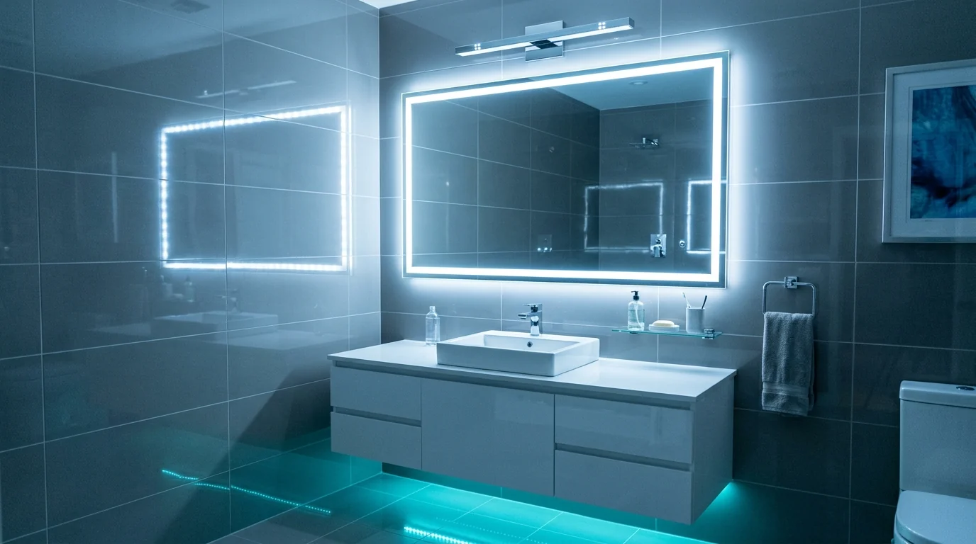 Deliberately tacky bathroom mirror with harsh cool white LED strip glowing like a gaming setup reflected in glossy grey tiles