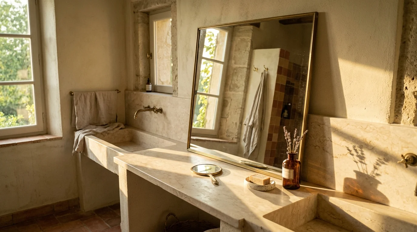 Brass framed mirror leaning on a deep honed marble ledge above a basin with a vintage hand mirror and amber bottle beside it