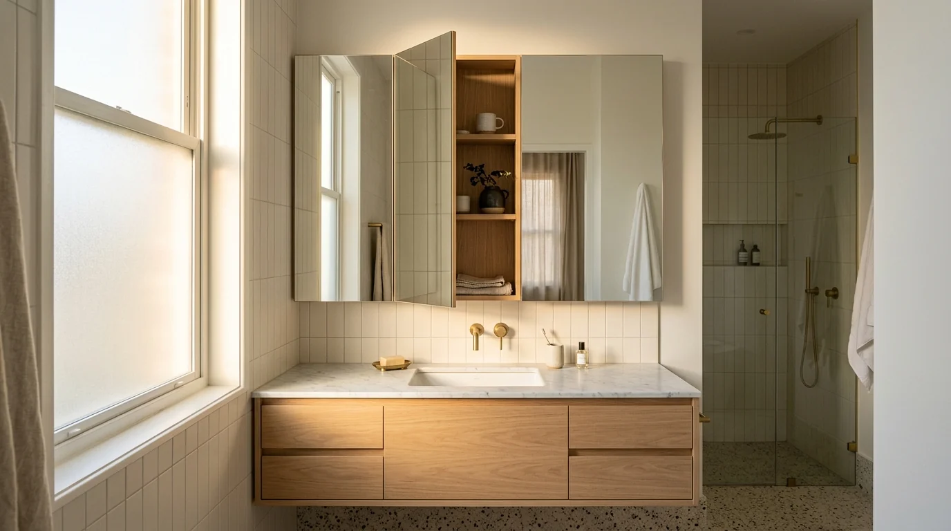Wide mirrored medicine cabinet mounted flush into the wall above an oak vanity, one door ajar showing shallow oak shelves