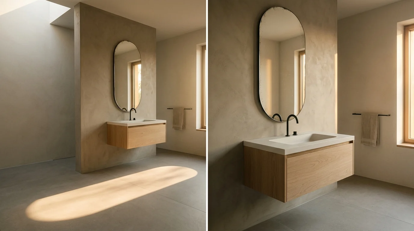Tall vertical pill shaped mirror on a warm greige microcement wall above a wall hung oak vanity with integrated stone basin