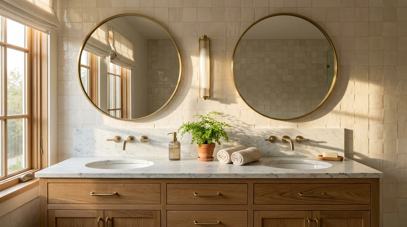 Two identical round brass framed mirrors over a double oak vanity with marble top and a vertical sconce between them