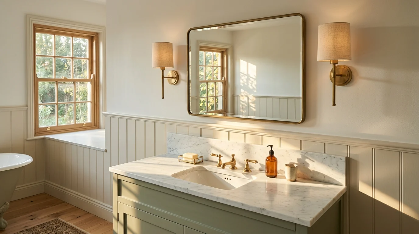 Brass framed rectangular mirror on white paneled wainscoting flanked by two linen shaded brass sconces above a sage green vanity