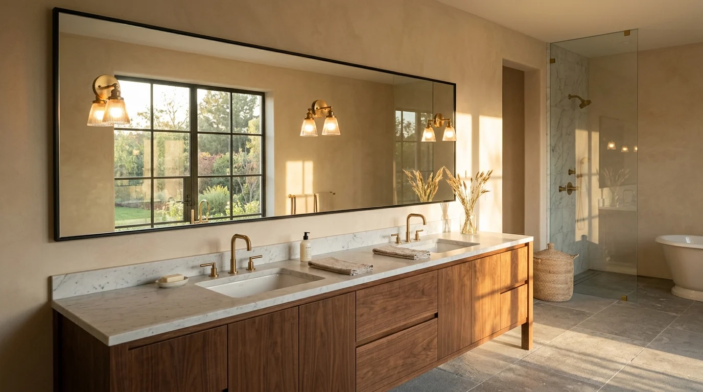 Wide horizontal mirror in a thin blackened steel frame spanning a walnut double vanity with two brass sconces mounted on the glass