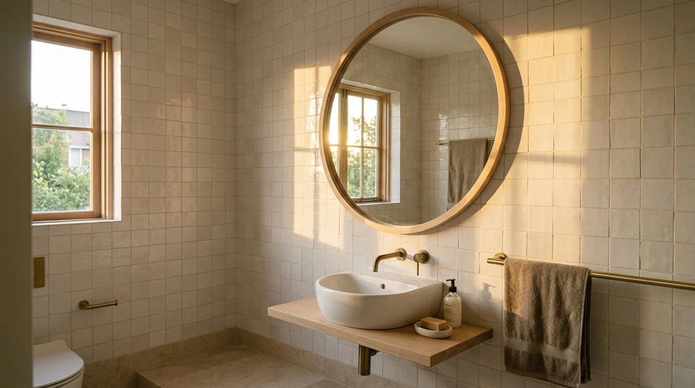 Generous round oak framed mirror on the wall perpendicular to a small window in a tiny bathroom, bouncing daylight deeper into the room