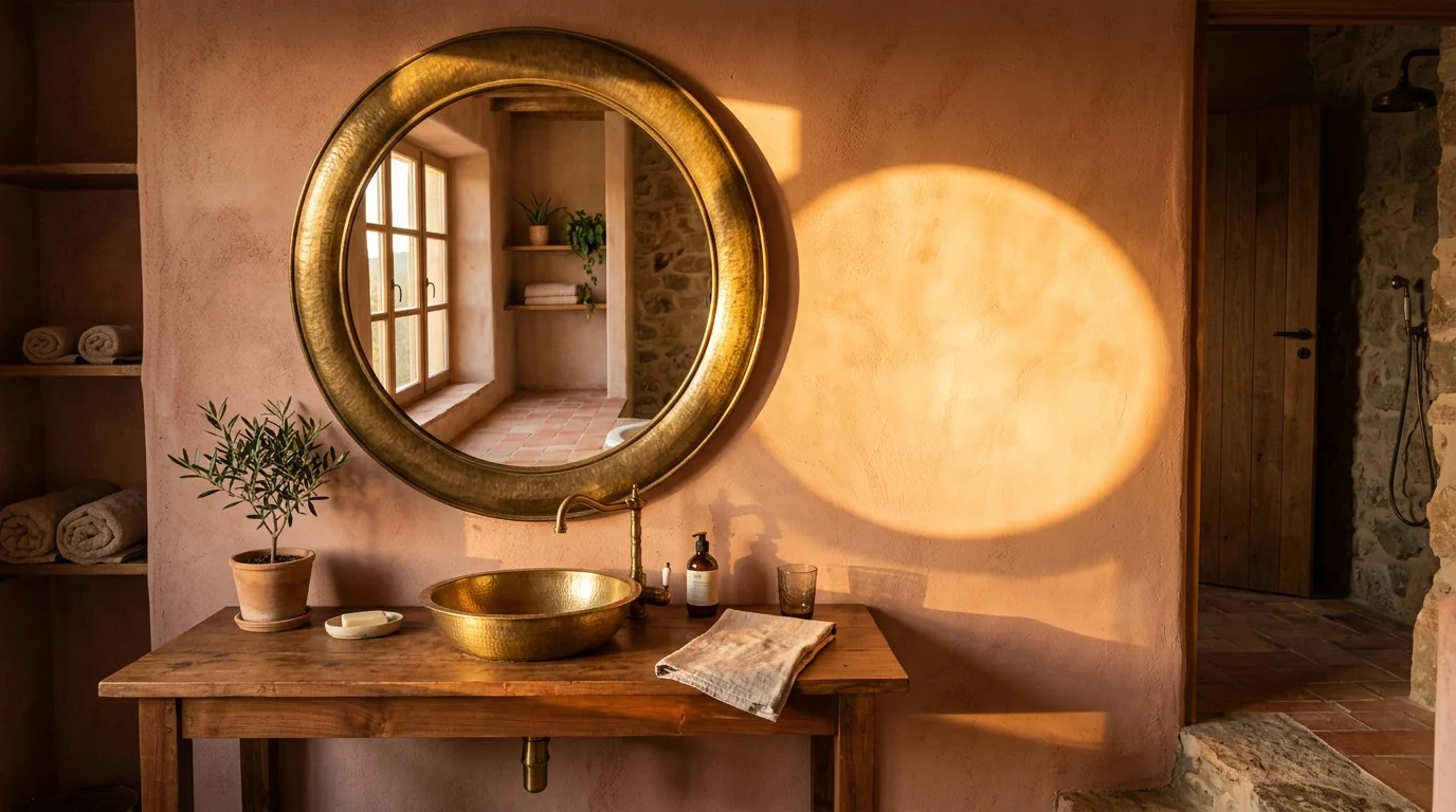 Large round mirror in a wide hammered aged brass frame on a terracotta pink limewashed wall above a chestnut console vanity