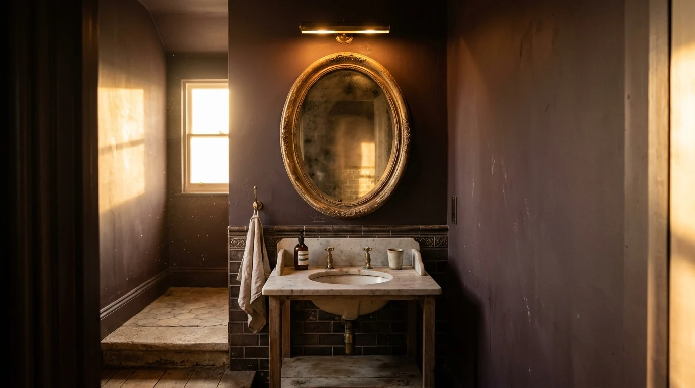 Vintage oval mirror in an ornate worn gilded frame with foxed glass on a deep aubergine wall above an antique marble washstand