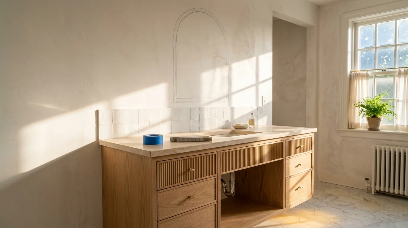 Bathroom vanity wall with a pencil sketch outline of an arched mirror drawn at the correct height with painters tape and tape measure on the counter