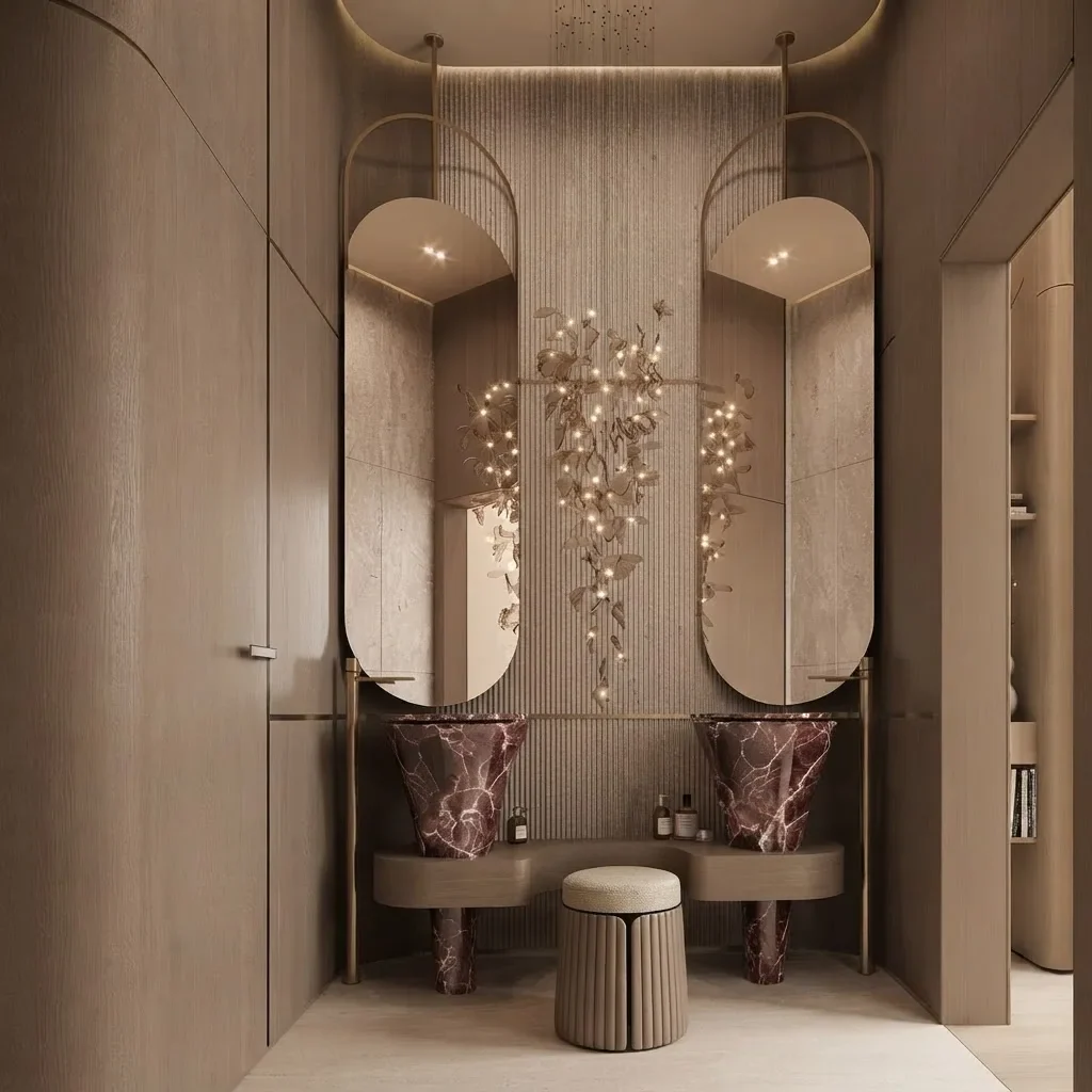 A powder room with deep red marble basins and arched mirrors