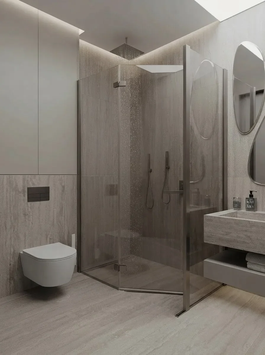 A compact travertine bathroom with a walk-in shower and wall-hung toilet