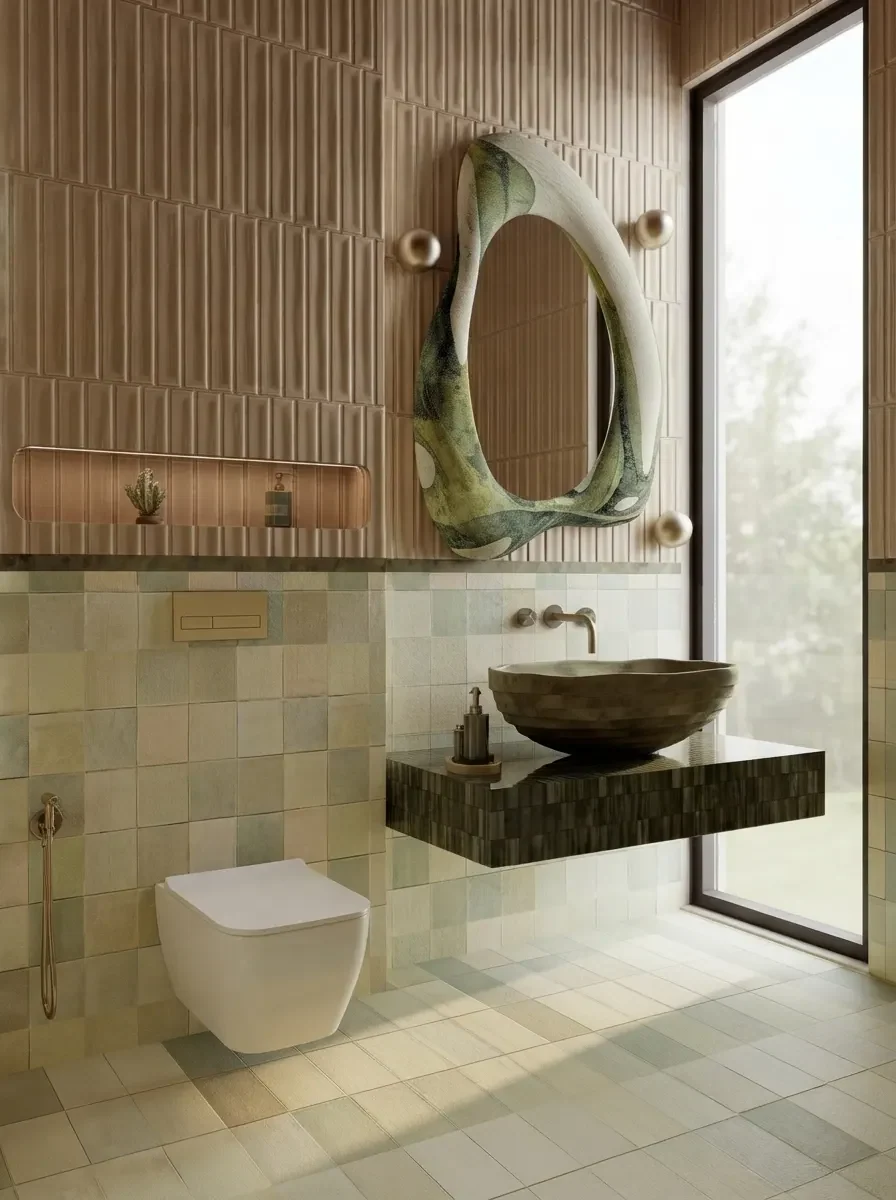 A guest bathroom with handmade zellige tile and a compact vanity