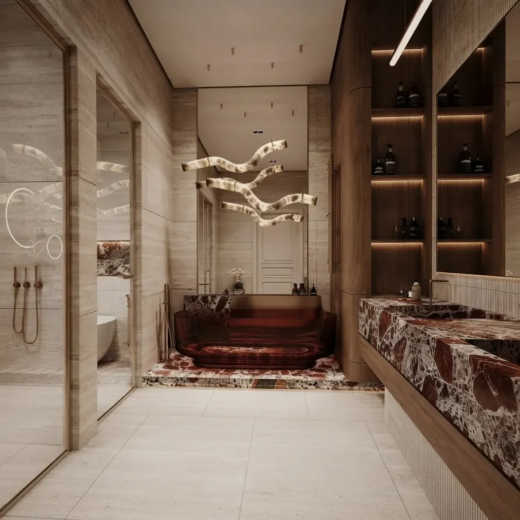A burgundy hammam style bathroom with an arched niche and stone bench