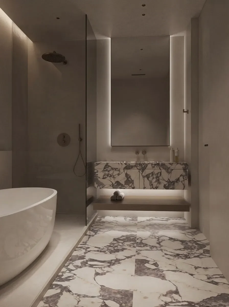 An upscale bathroom with a freestanding oval tub and dramatic veined marble