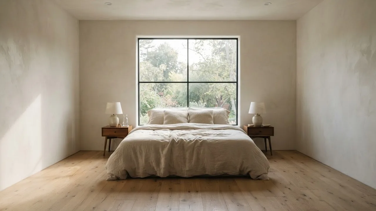 Bedroom with a very large low casement window whose sill is near floor level, the bed pushed in front of it blocking the lower half of the opening