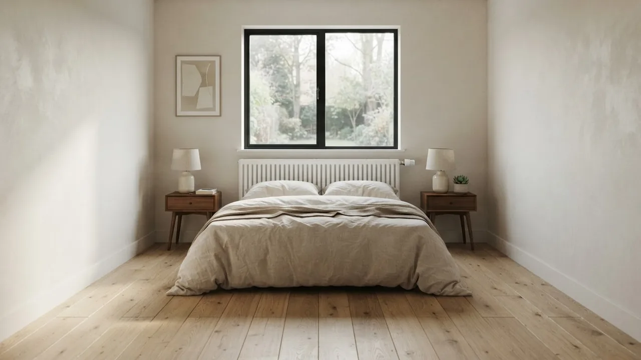 Bedroom with a white panel radiator mounted under the window and a bed pushed back hard against it, covering the lower half of the radiator