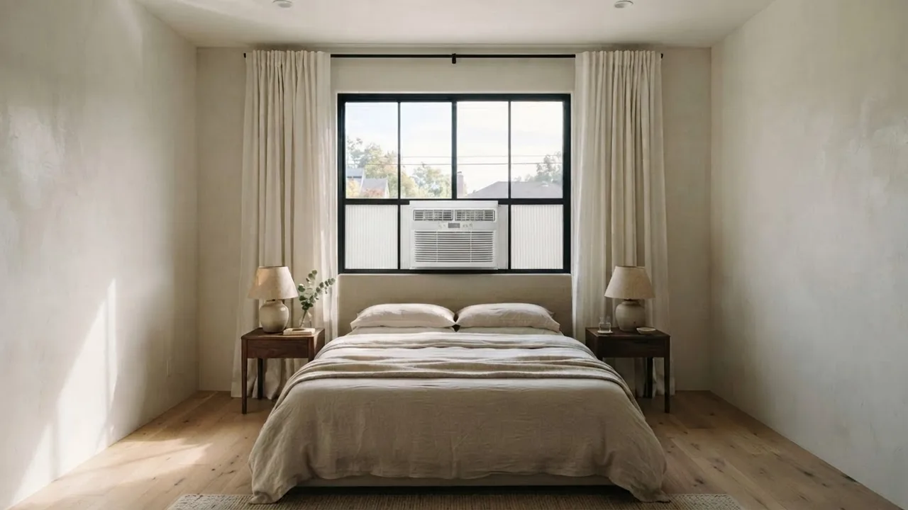 Bedroom with a white window air conditioning unit fitted in the lower half of the window, directly above the pillows of the bed below it