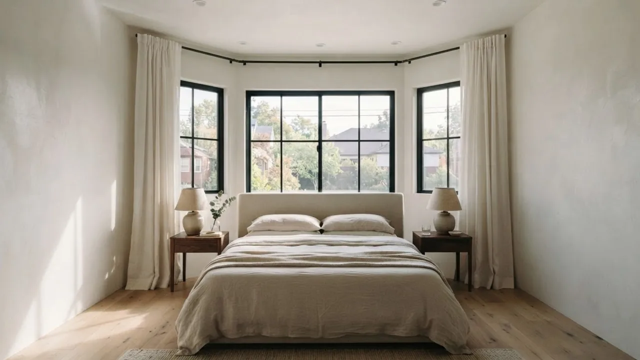 Bedroom where the far wall is a three-panel bay window recess with the bed set back into the bay and the angled side panes left clear