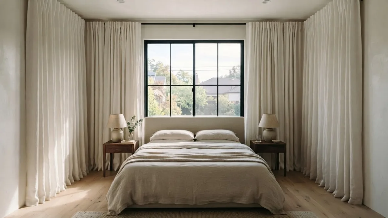 The same bedroom with the curtain rod mounted just below the ceiling and extended well past the window, full-length curtains stacked off the glass