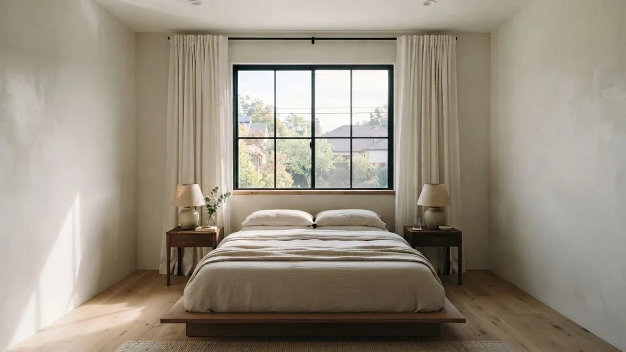 The same bedroom with the headboard removed entirely, the bare bed base in front of the window and the full window visible down to the sill