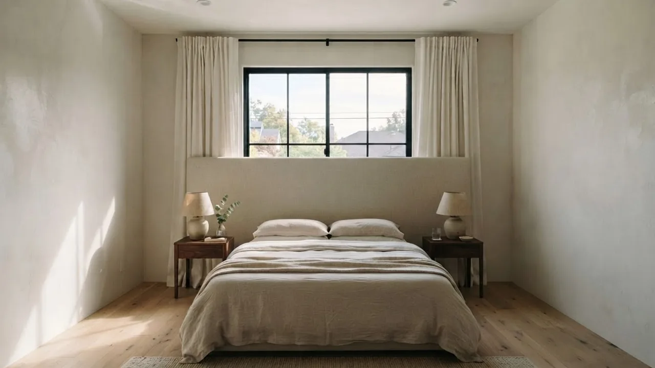 The same bedroom with a very tall upholstered headboard rising above the window sill and covering the lower third of the glass