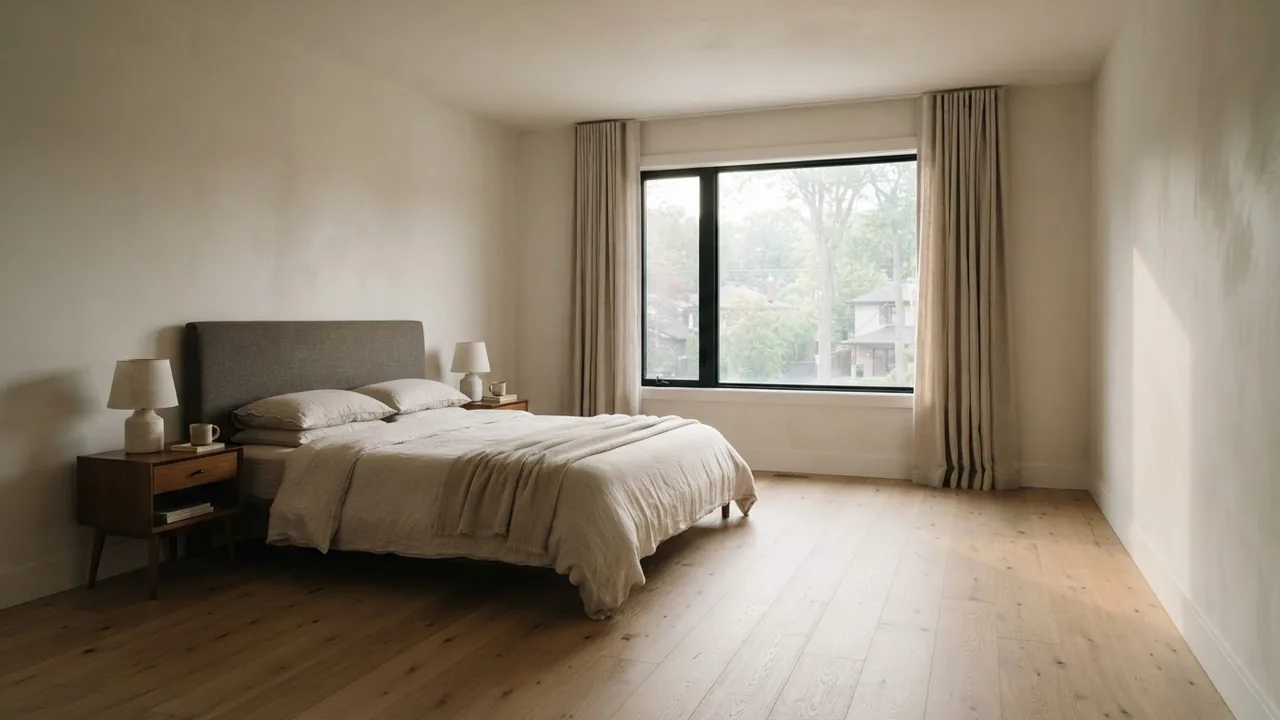 Bedroom with the bed moved off the window and placed lengthways against the left side wall, leaving the window completely clear