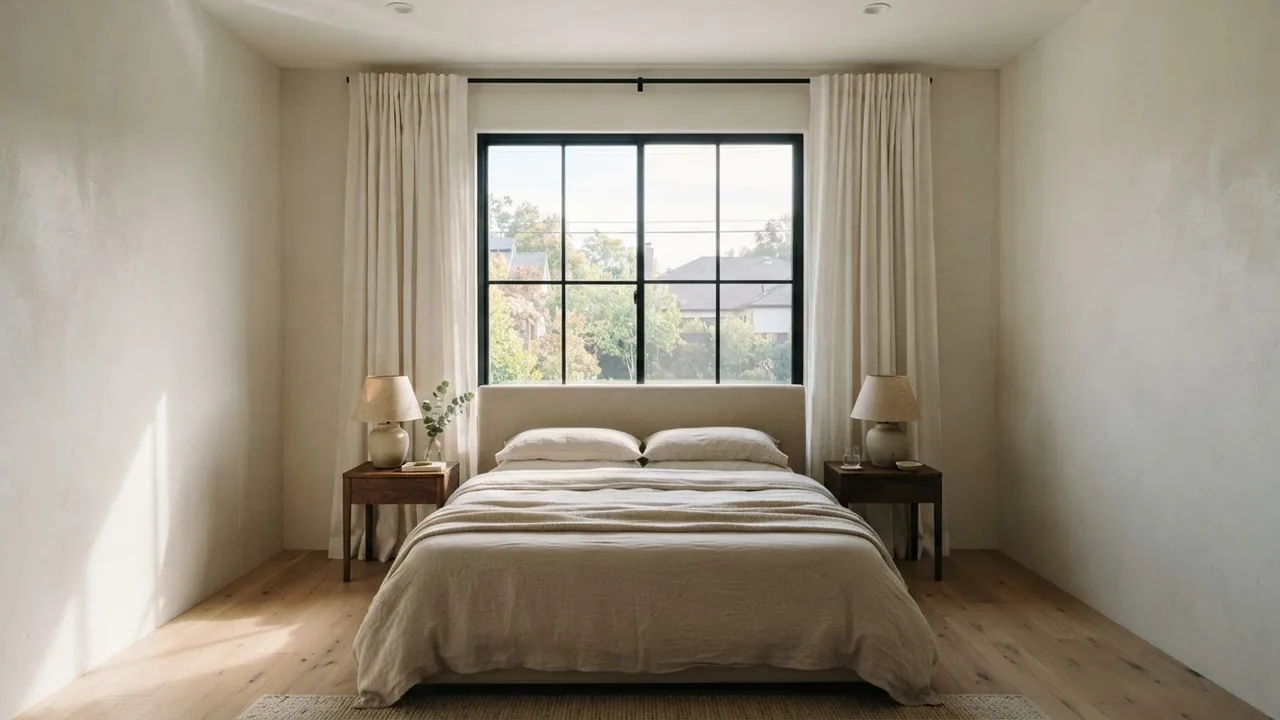 Bedroom with a queen bed centred in front of a large black-framed window, low upholstered headboard below the sill, linen curtains pushed open either side