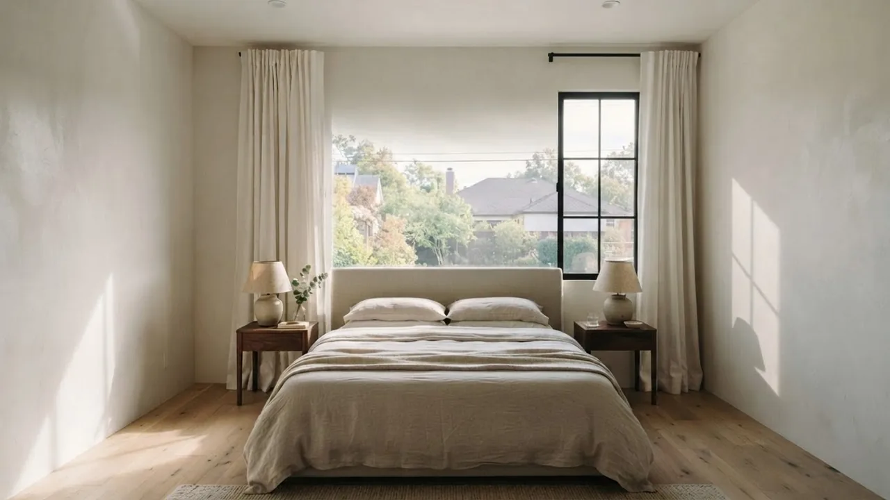 The same bedroom with the window moved well off to the right of the wall while the bed stays centred, leaving the window awkwardly behind one corner of the bed