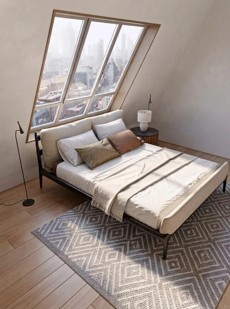 Attic bedroom render with a queen bed on a slim black metal frame under a large sloped skylight, a round wooden nightstand and a patterned rug