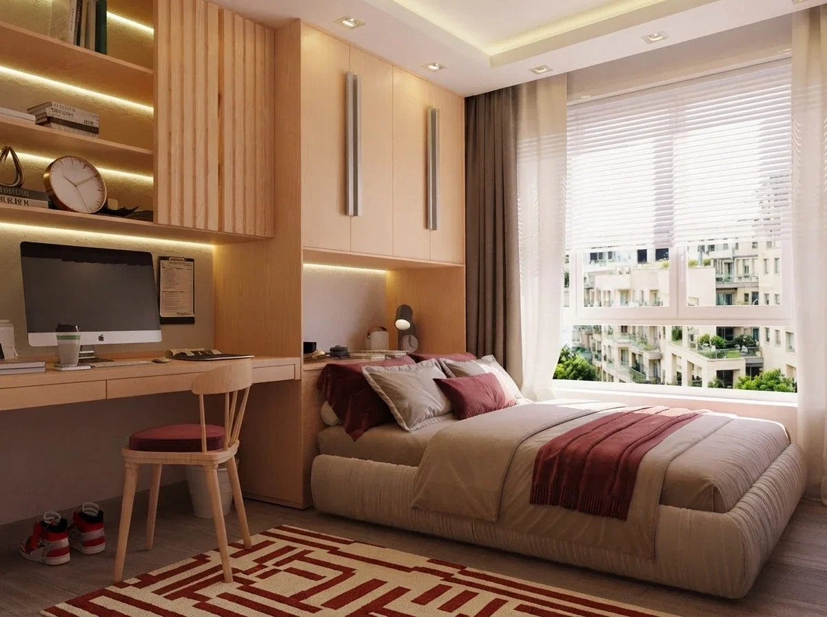 Compact bedroom render with a full size bed under built-in oak wardrobes, a small desk with a red chair by the window and a red patterned rug