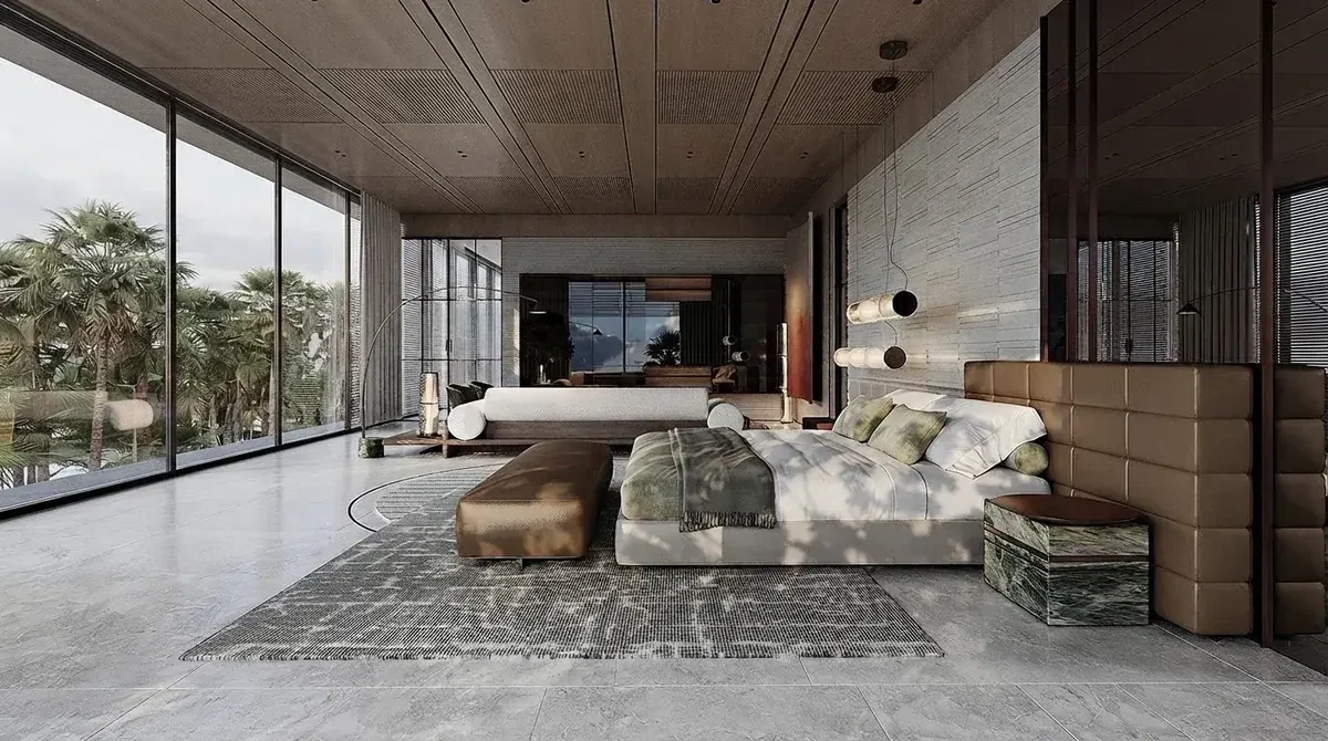 Large master bedroom render with a king bed on a low upholstered base, a bench at the foot, a patterned rug and floor to ceiling glazing on the left
