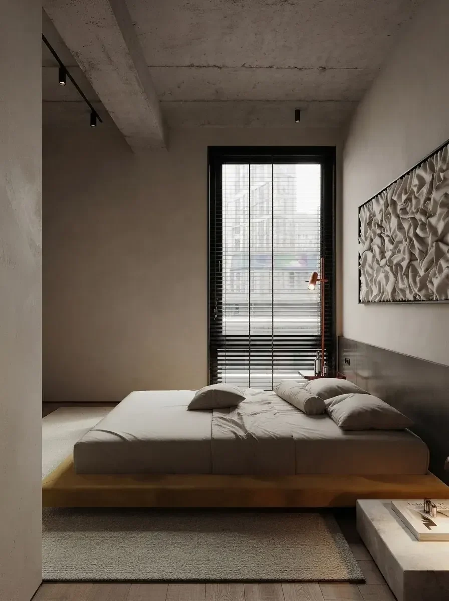 Loft bedroom render with a mattress on a wide low timber platform, plaster walls, a concrete ceiling, a red floor lamp and a tall window with blinds
