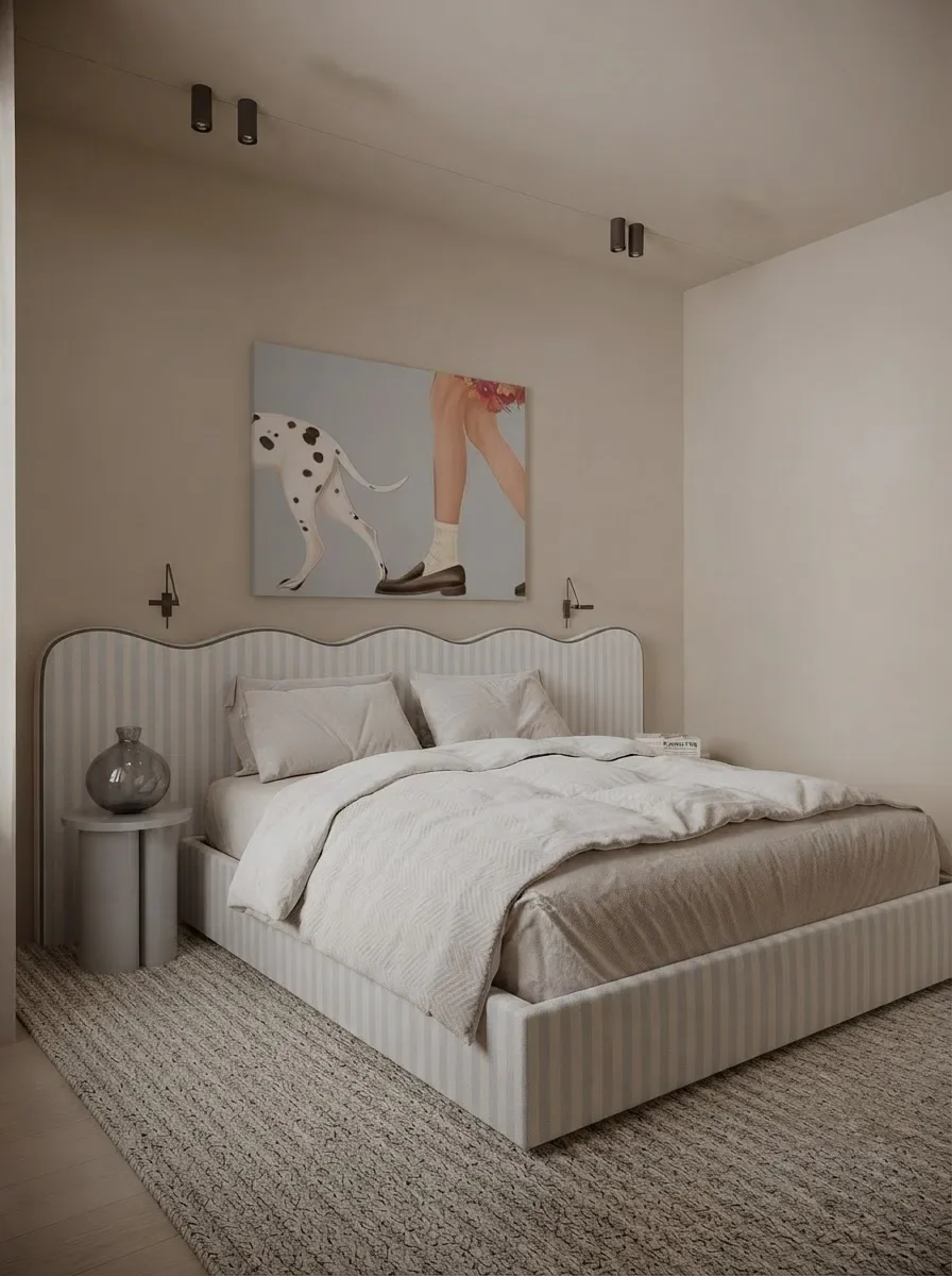 White bedroom render with a queen bed in a scalloped cream upholstered frame, a small round side table with a vase, and a large framed print above the bed