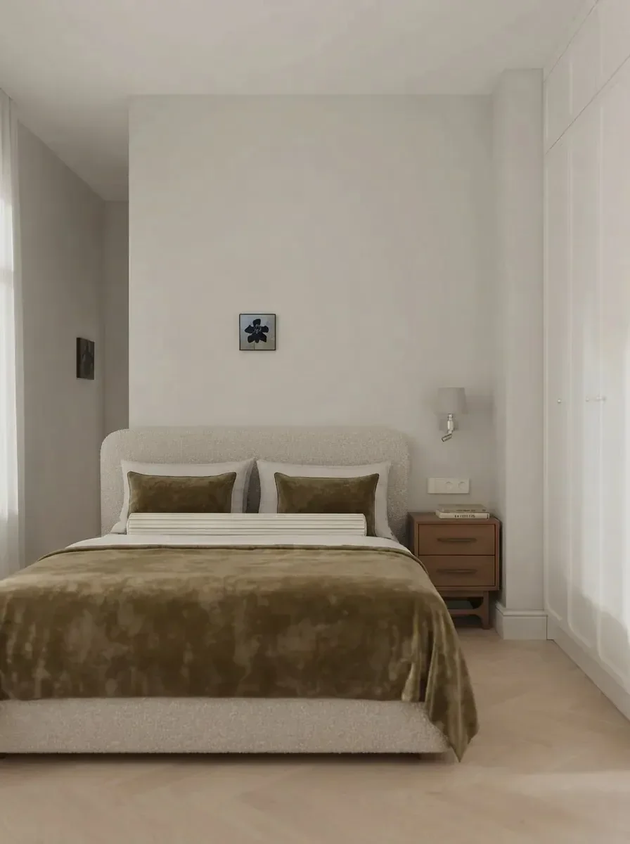Small white bedroom render with a full size bed in an olive velvet cover centred on the back wall, one oak nightstand on the right and a narrow strip of floor on each side