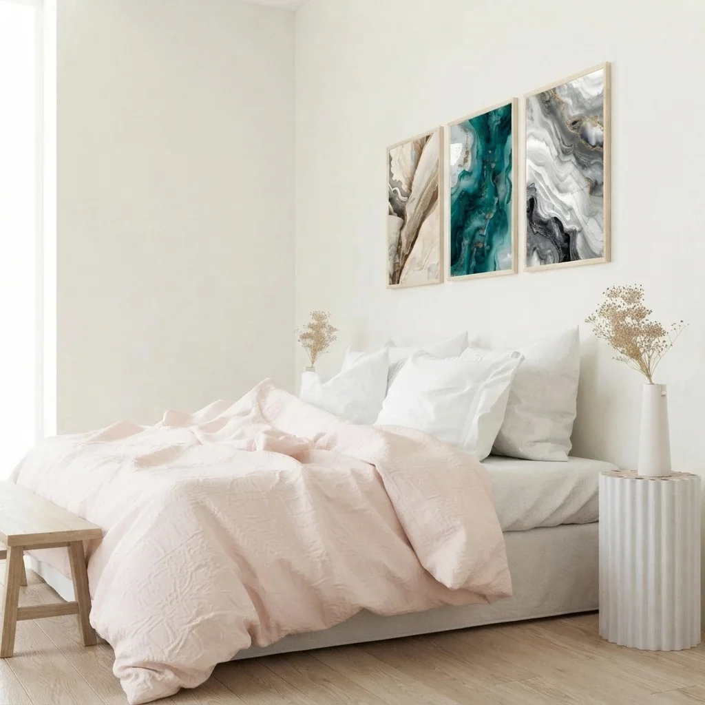 Bright white bedroom render with a queen bed in pale pink linen, a fluted white nightstand and three framed abstract prints above the headboard