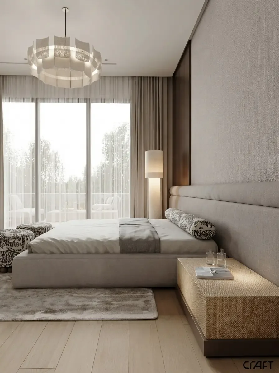The same bedroom retreat from the foot of the bed, showing the window wall beside the bed and a clear walkway around it